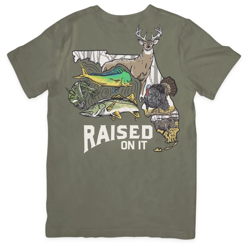 Raised On It Mens Graphic T Shirt Olive Green Hunting Fishing Florida - Size M